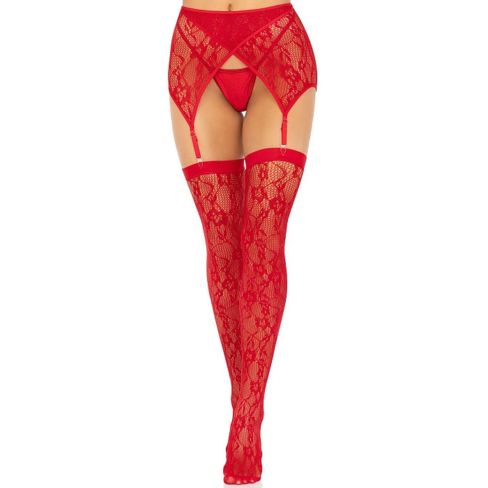 Комплект Leg Avenue Lace thigh highs & garterbelt, One Size, красный, чулки и пояс с пажами