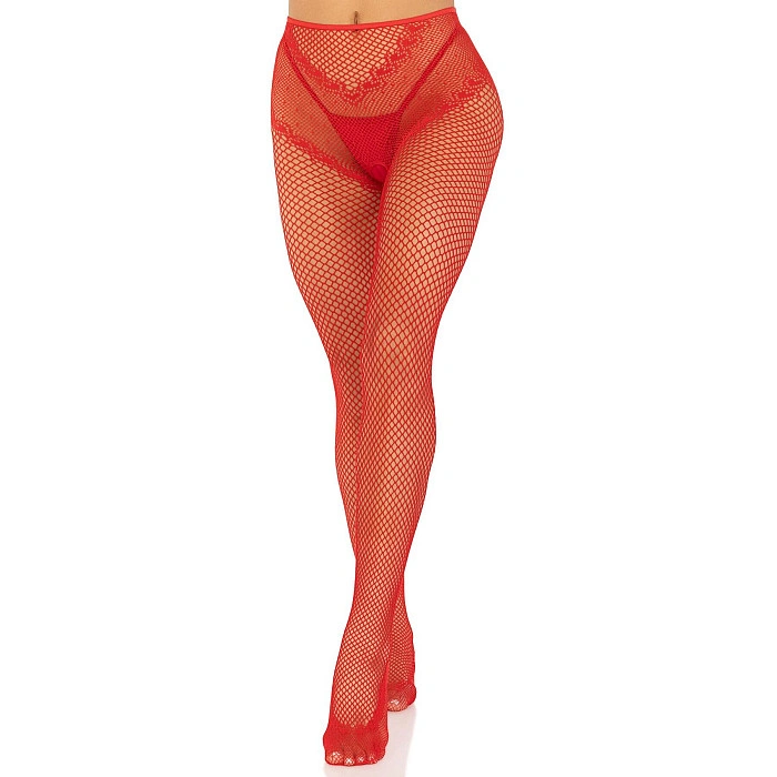 Стрип-колготки Leg Avenue Crotchless Net Tights with Heart Backseam, One Size, красные, с доступом