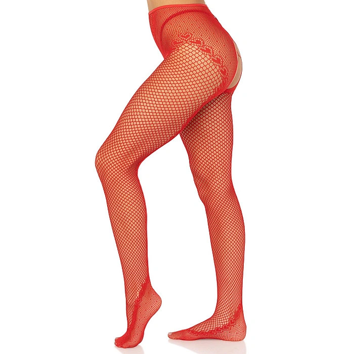 Стрип-колготки Leg Avenue Crotchless Net Tights with Heart Backseam, One Size, красные, с доступом