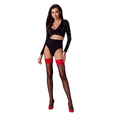 Панчохи Passion ST120 3/4 black-red, на ажурній силіконовій резинці, з вишуканим декором та люре