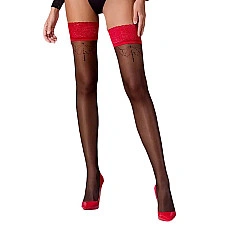 Панчохи Passion ST120 5 black-red, на ажурній силіконовій резинці, з вишуканим декором та люрекс