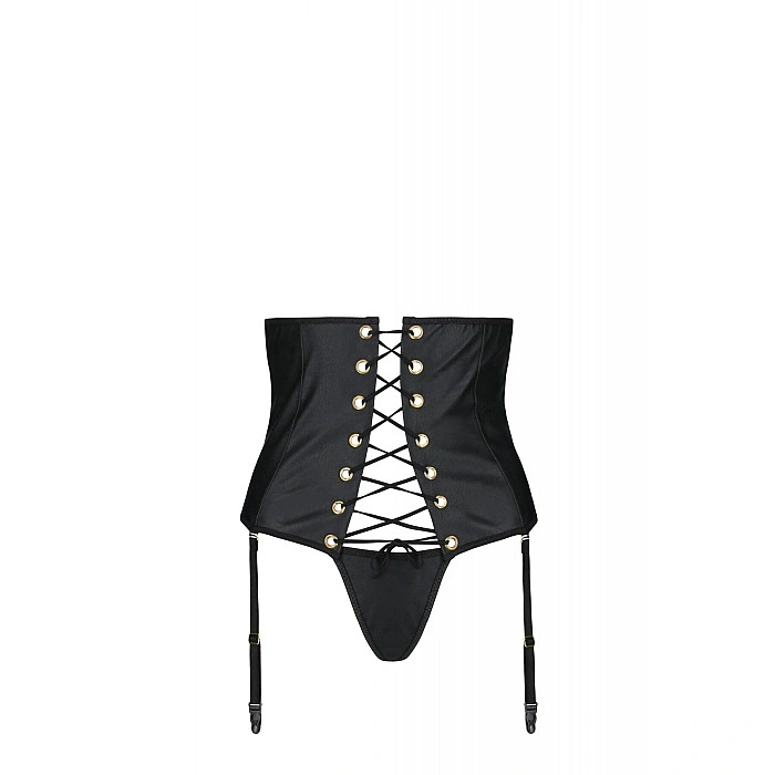Пояс-корсет из экокожи Passion CELINE SET with Open Bra 4XL/5XL, black, шнуровка, пажи, стринги