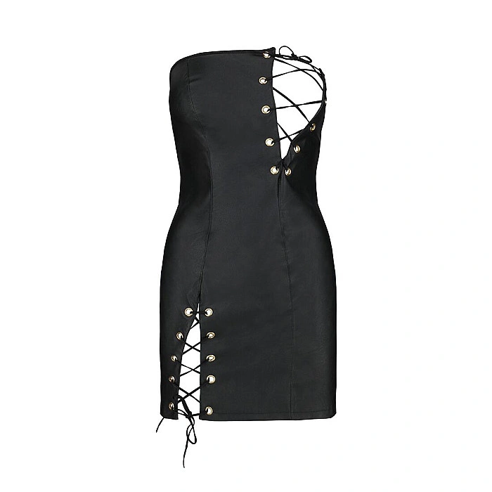 Мини-платье из экокожи Passion CELINE CHEMISE S/M, black, шнуровка, трусики в комплекте