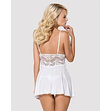 Сатиновый пеньюар с кружевом Obsessive 810-BAB-2 babydoll & thong L/XL, белый, пеньюар, танга