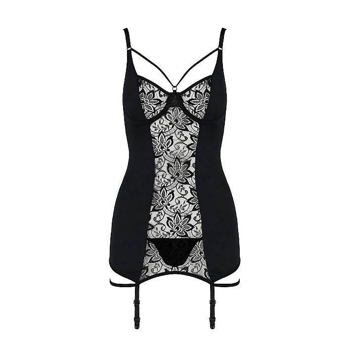 Распродажа!!! Сорочка приталенная с пажами PAULINE CHEMISE black L/XL Passion, трусики