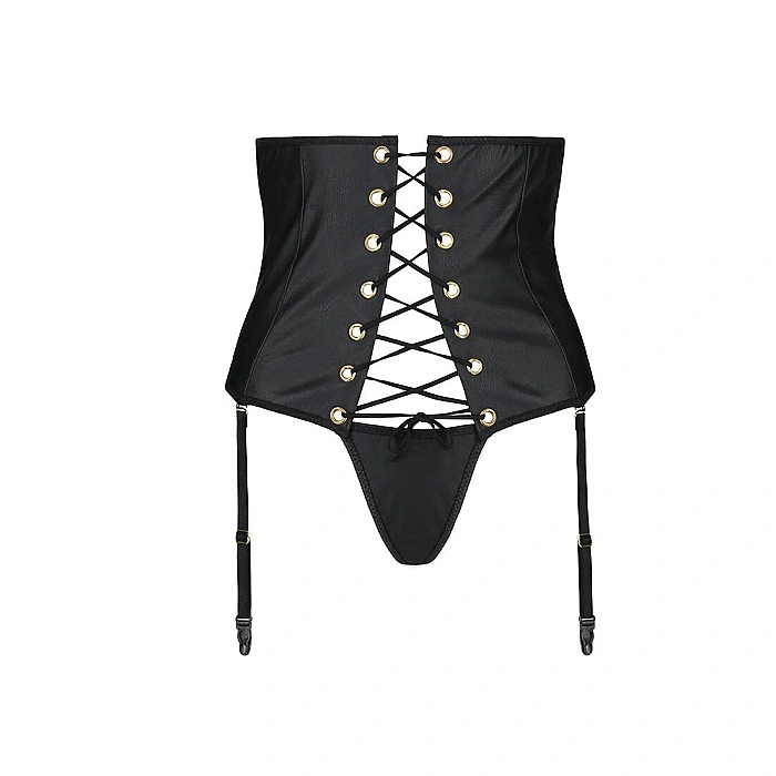 Пояс-корсет из экокожи Passion CELINE SET L/XL, black, шнуровка, съемные пажи для чулок, стринги