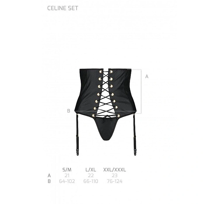 Пояс-корсет из экокожи Passion CELINE SET L/XL, black, шнуровка, съемные пажи для чулок, стринги