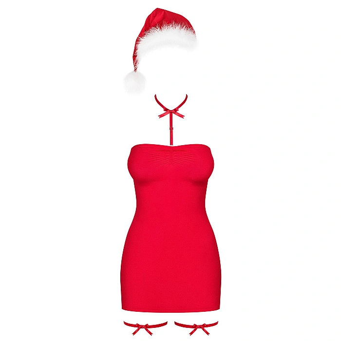 Сорочка Obsessive Kissmas chemise, L/XL, красная, чокер, гартеры и шапочка с помпоном в комплекте