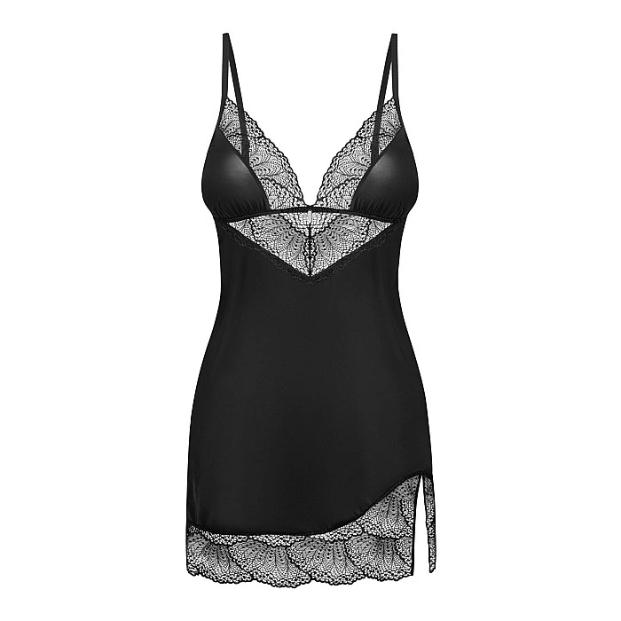 Пеньюар Obsessive Lobellis chemise & thong, M/L, черный, кружевная отделка, стринги в комплекте