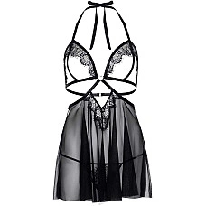 Сорочка беби-долл с открытыми чашками Leg Avenue Lace and mesh babydoll & panty Black M, стринги