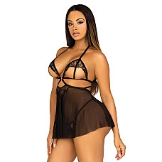 Сорочка беби-долл с открытыми чашками Leg Avenue Lace and mesh babydoll & panty Black M, стринги