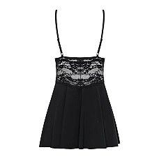 Сатиновый пеньюар с кружевом Obsessive 810-BAB-1 babydoll & thong S/M, черный, пеньюар, танга