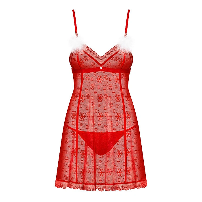 Новогодняя сорочка Obsessive Claussica S/M, красная, прозрачная с узором, стринги в комплекте