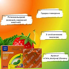 Презервативи Recare Color Fruit Flavour Condoms 3 шт, аромати: м'ята, банан, полуниця