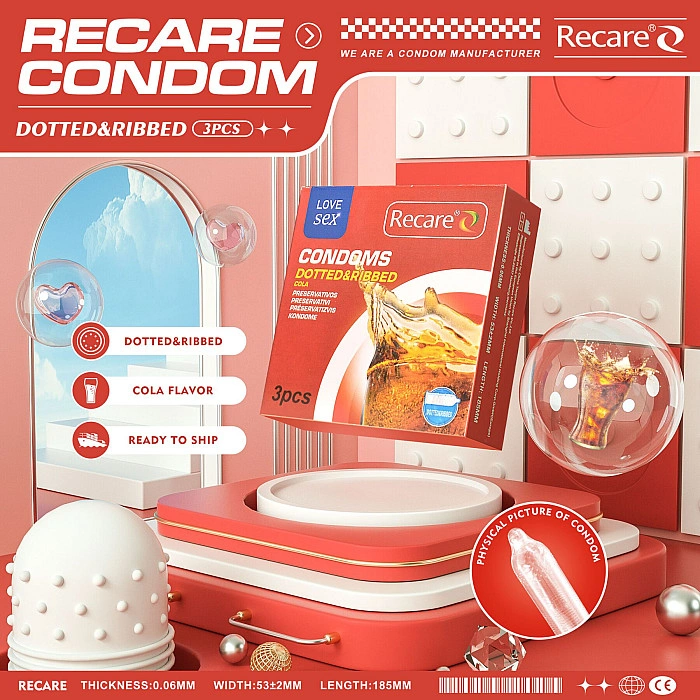 Презервативы Recare Cola Dotted&Ribbed Condoms 3 шт, с пупырышками и ребрами, аромат: Кола
