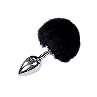Металлическая анальная пробка Кроличий хвостик Alive Fluffy Plug M Black, диаметр 3,4 см
