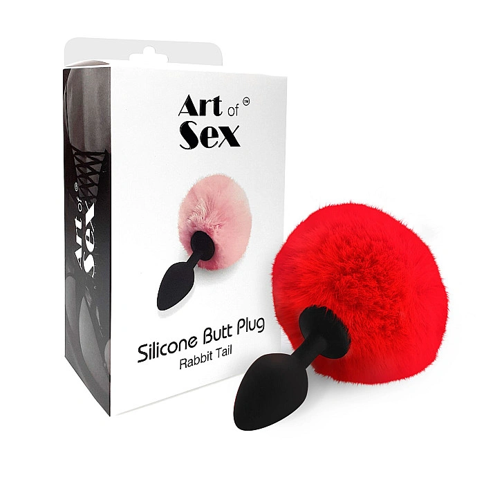 Силиконовая анальная пробка М Art of Sex - Silicone Butt plug Rabbit Tail Red, диаметр 3,5 см