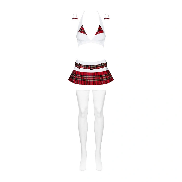 Еротичний костюм школярки з мініспідницею Obsessive Schooly 5pcs costume L/XL, біло-червоний, топ, с