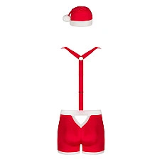 Чоловічий еротичний костюм Санта-Клауса Obsessive Mr Claus 2XL/3XL, боксери на підтяжках, шапочка з