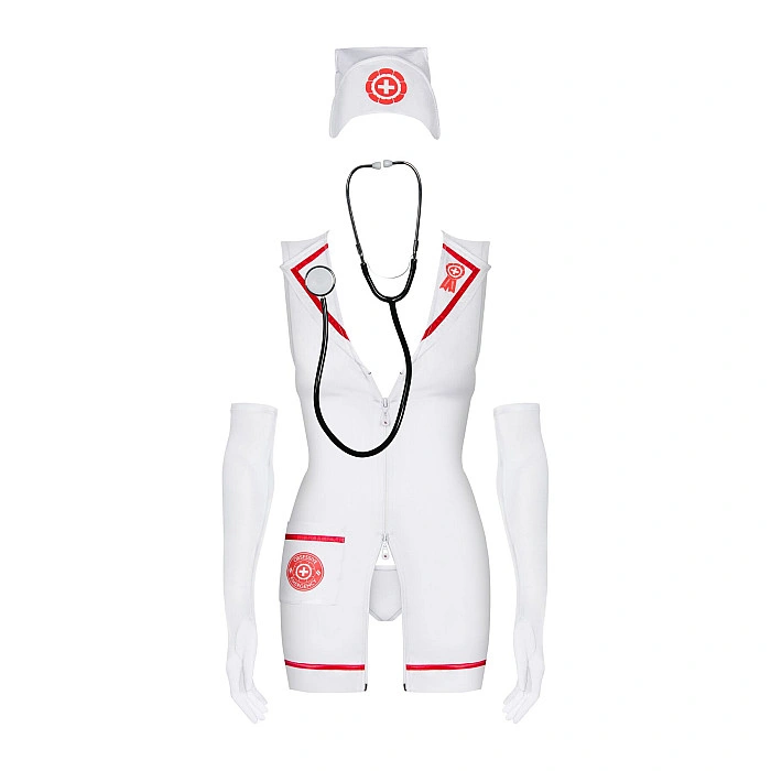 Эротический костюм медсестры Obsessive Emergency dress S/M, white, платье, стринги, перчатки, чепчик, стетоскоп