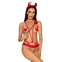 Еротичний костюм чортика зі стреп Obsessive Evilia teddy red S/M, боді, чокер, накладки на соски, об