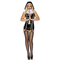 Виниловый костюм монашки Leg Avenue Sinful Sister S, комбинезон, воротник, пояс, головной убор