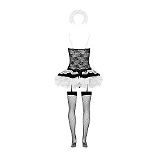 Эротический костюм горничной с юбкой Obsessive Housemaid 5 pcs costume S/M, black, топ, юбка, стринги, повязка на голову, чулки