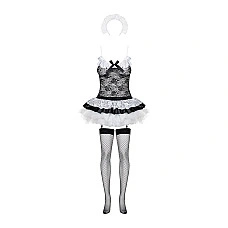 Эротический костюм горничной с юбкой Obsessive Housemaid 5 pcs costume S/M, black, топ, юбка, стринги, повязка на голову, чулки