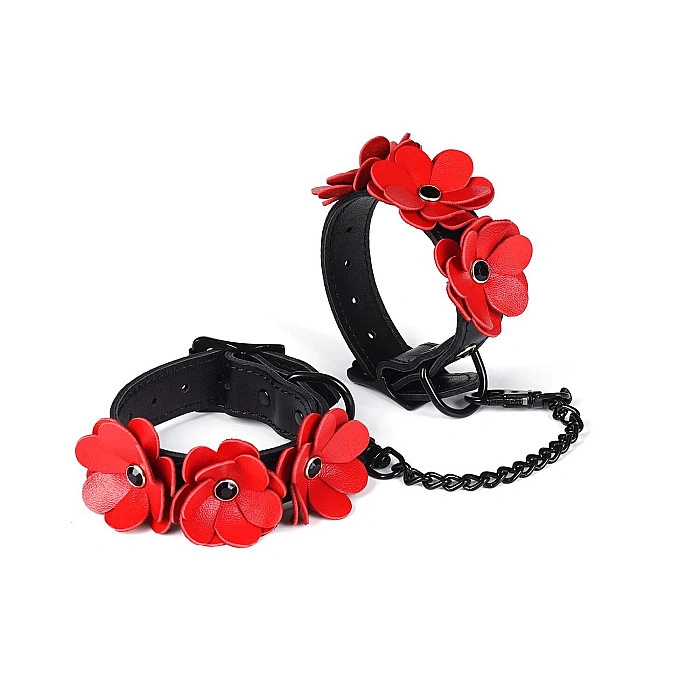 Наручники Liebe Seele Flower Rhythm - Black and Red Leather Flowers Hand Cuffs (м'яте паковання!!!)