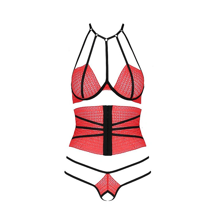 Комплект белья AKITA SET red XXL/XXXL - Passion Exclusive: широкий пояс, лиф, стринги