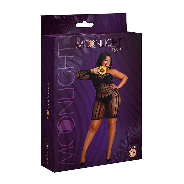 Платье-бодистокинг Moonlight Plus Model 05 XL-XXXL Black, закрытое одно плечо и рукав
