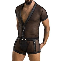 Комплект сетчатого мужского белья Passion 052 SET MICHAEL L/XL black, рубашка, боксеры, заклепки