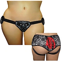 Трусы для страпона Sportsheets - SizePlus Grey&Black Lace Corsette, широкий пояс, бант, кружево