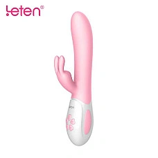 Вібратор-кролик з масажними стволом і підігрівом Leten Abby Pink, два мотори